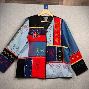 Indigo Moon Patchwork Jacket Womens Medium Red Blue Embroidered Art to Wear Flax